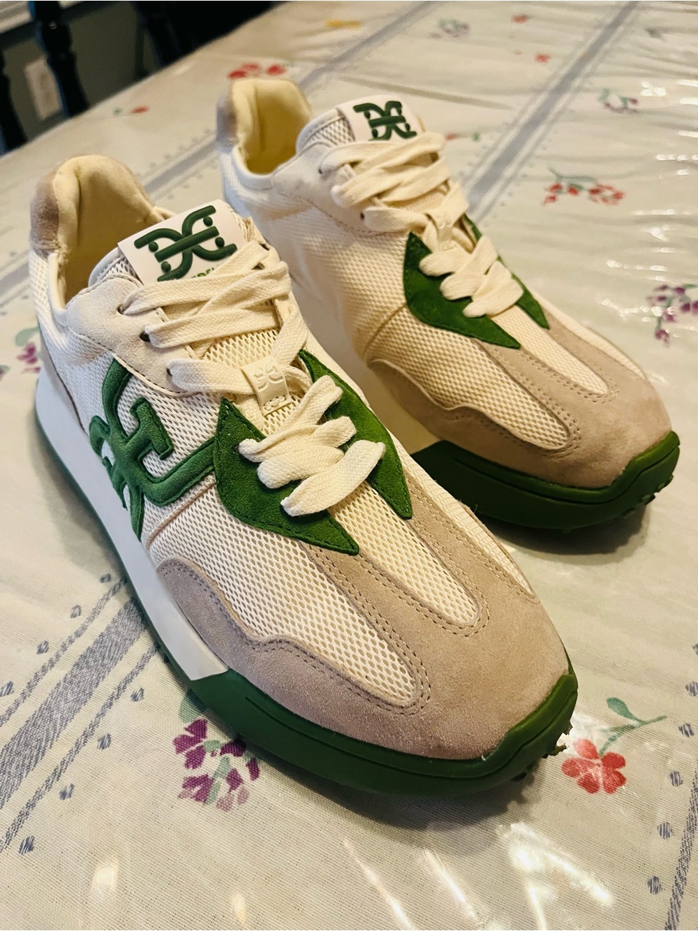 Sam Edelman Cream and Green Mesh Suede Sneakers